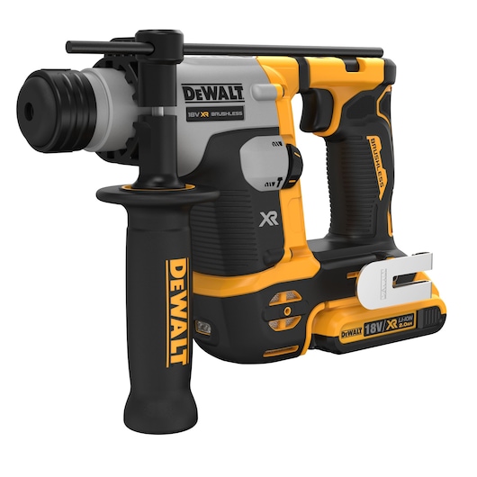 Profile of atomic 20 volt five eighths inch brushless cordless SDS plus rotary hammer kit.