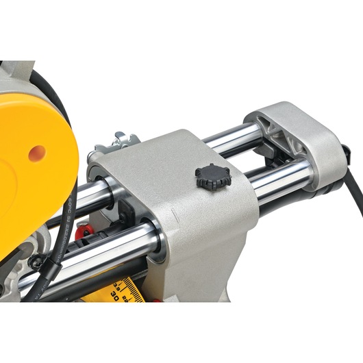 Close up of miter system feature of double bevel sliding compound miter saw.